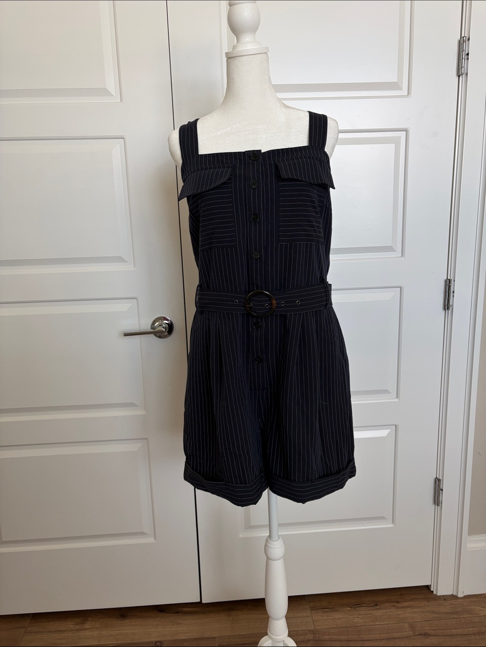Skies Are Blue Navy Pinstripe Belted Romper